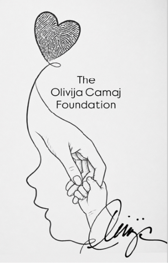 Illustration of an adult hand holding a child's hand, connected to a fingerprint heart, with the words The Olivija Camaj Foundation